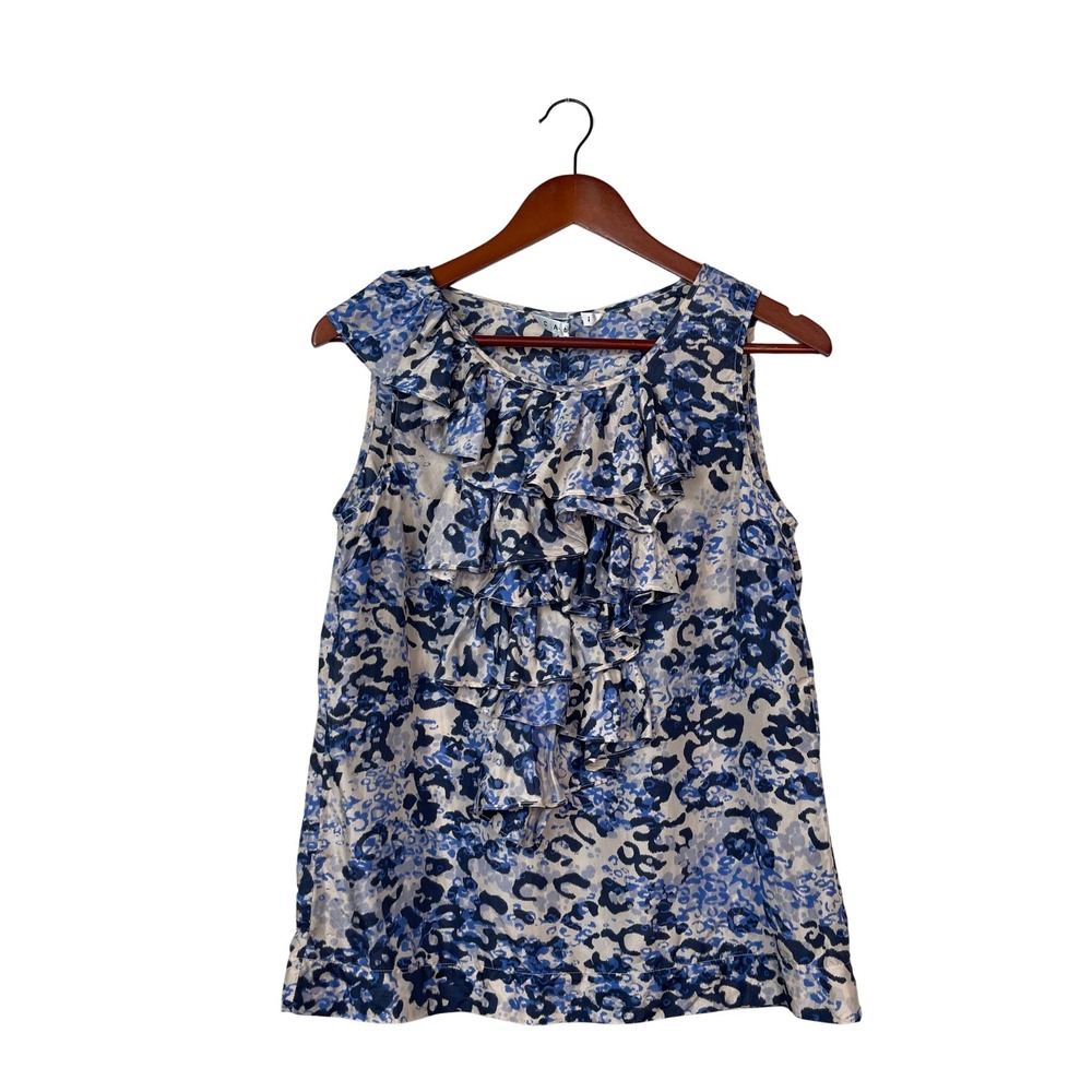 Cabi Women's Blue Floral Print Sleeveless Ruffle Neck Blouse‎ Top Size S